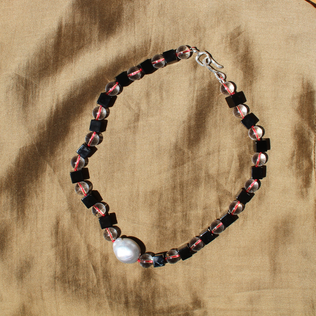 Onyx, Rock Crystal and Baroque Pearl Necklace