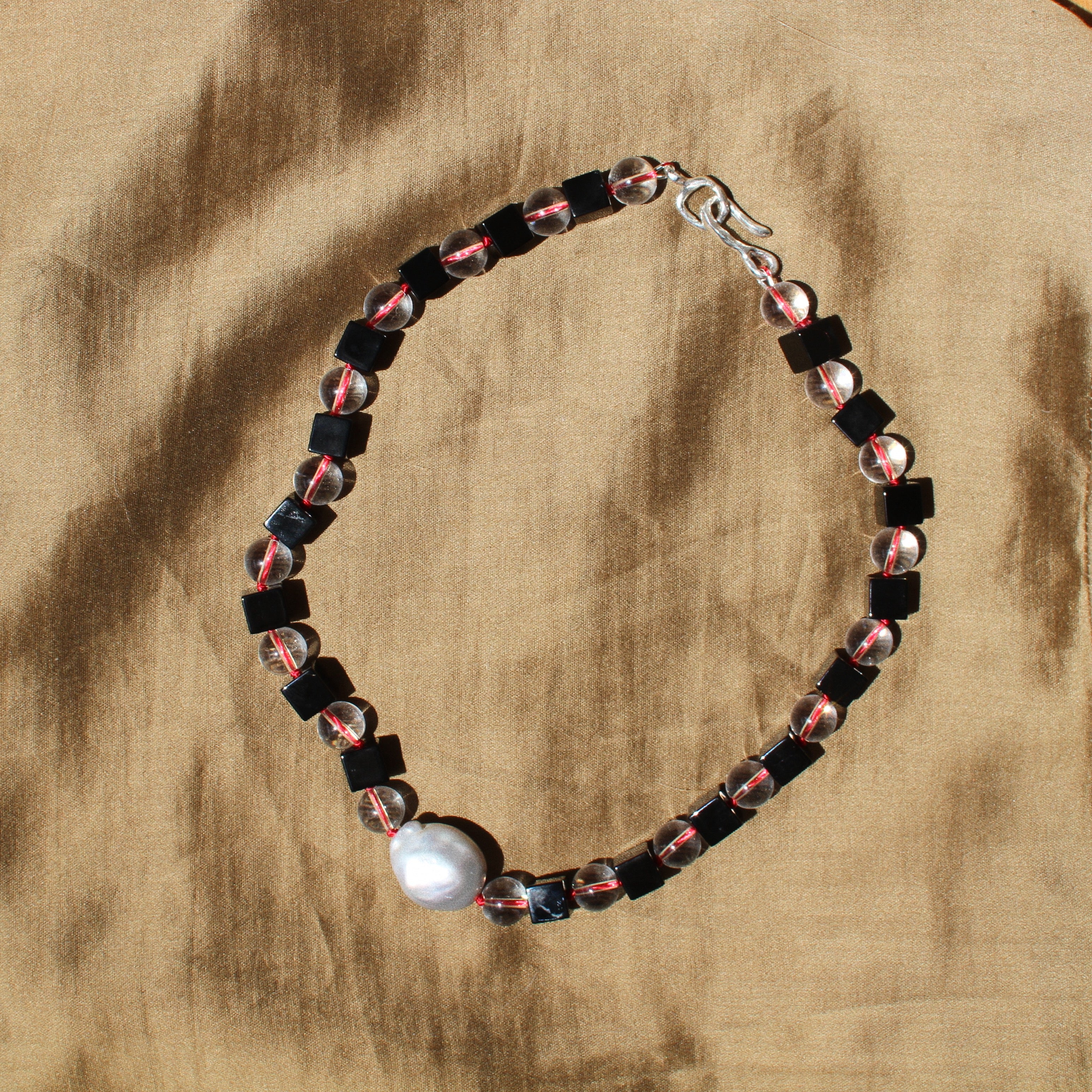 Onyx, Rock Crystal and Baroque Pearl Necklace