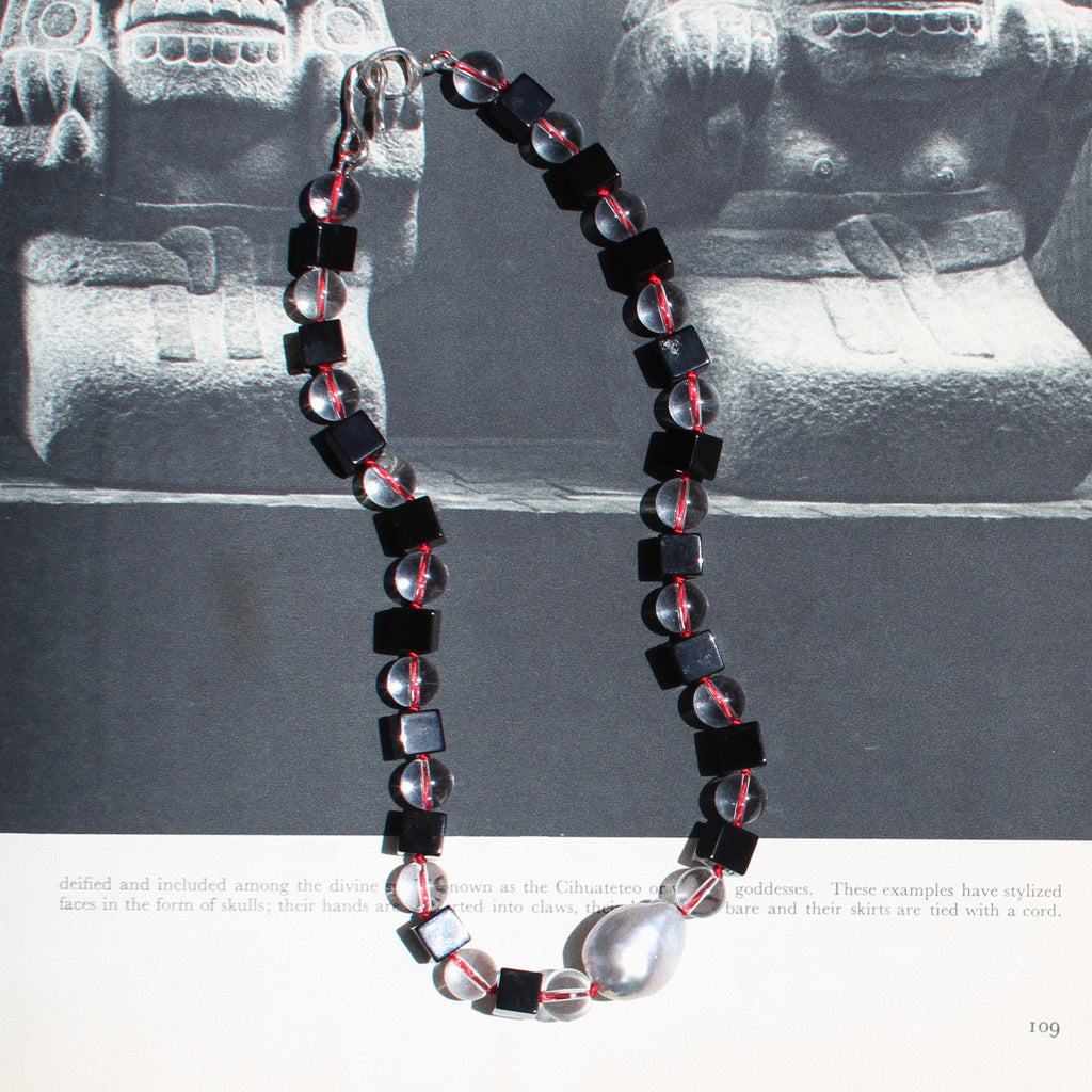 Onyx, Rock Crystal and Baroque Pearl Necklace