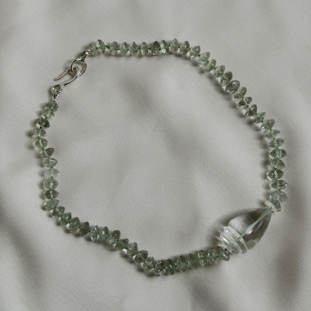 Green Amethyst and  Hand-Carved Rock Crystal Shell Necklace