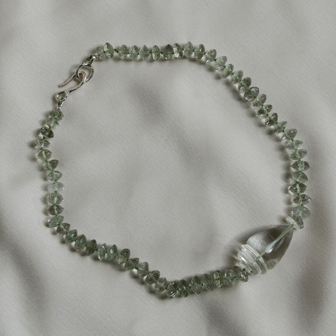 Green Amethyst and  Hand-Carved Rock Crystal Shell Necklace