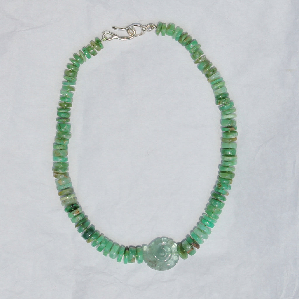 Chrysoprase and Hand-Carved Fluorite Shell Necklace