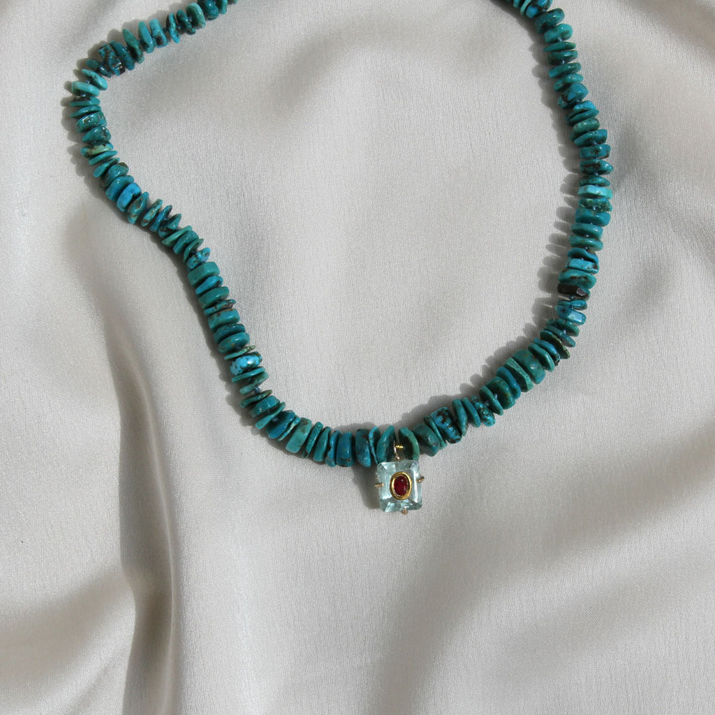 Turquoise, Aquamarine and Ruby Necklace.