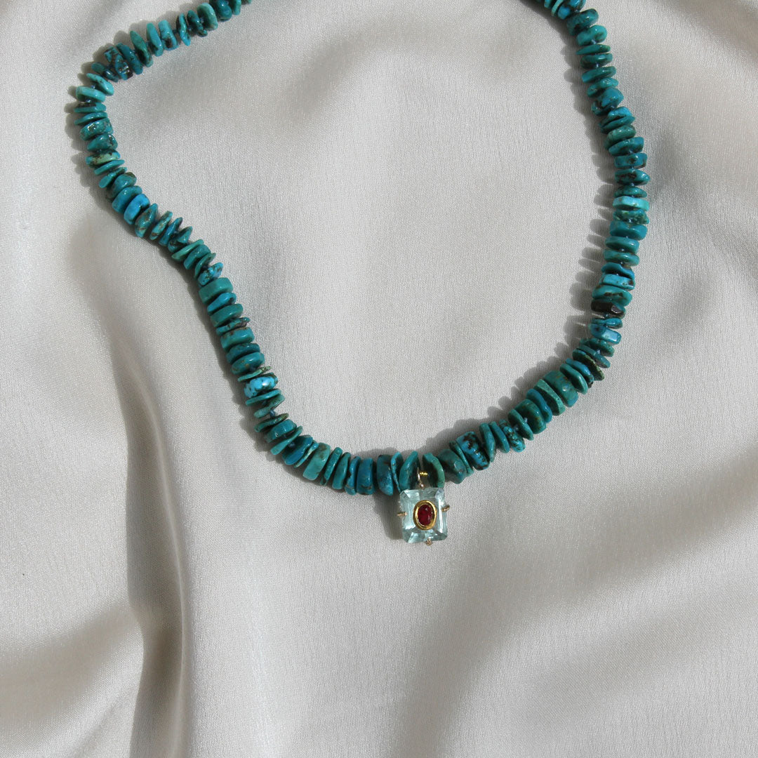 Turquoise, Aquamarine and Ruby Necklace.