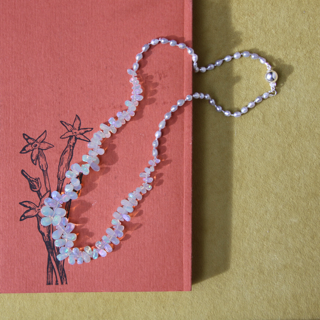 Silver Rice Pearl and Opal Briolette Necklace