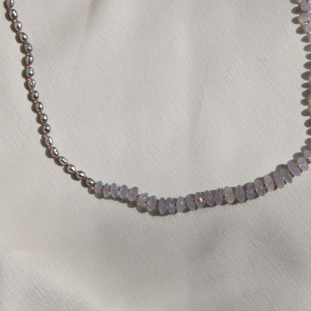 Gray Rice Pearl and Blue Chalcedony Necklace