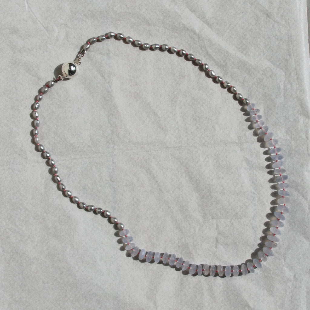 Gray Rice Pearl and Blue Chalcedony Necklace