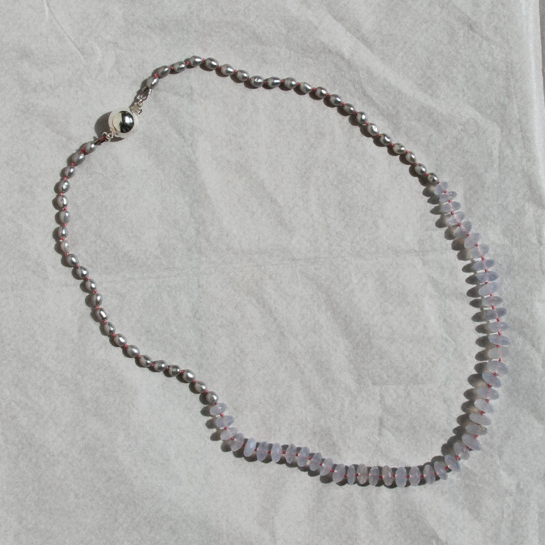 Gray Rice Pearl and Blue Chalcedony Necklace