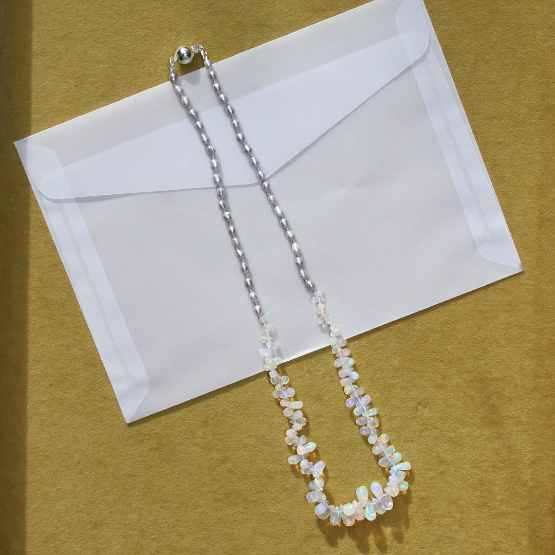 Silver Rice Pearl and Opal Briolette Necklace