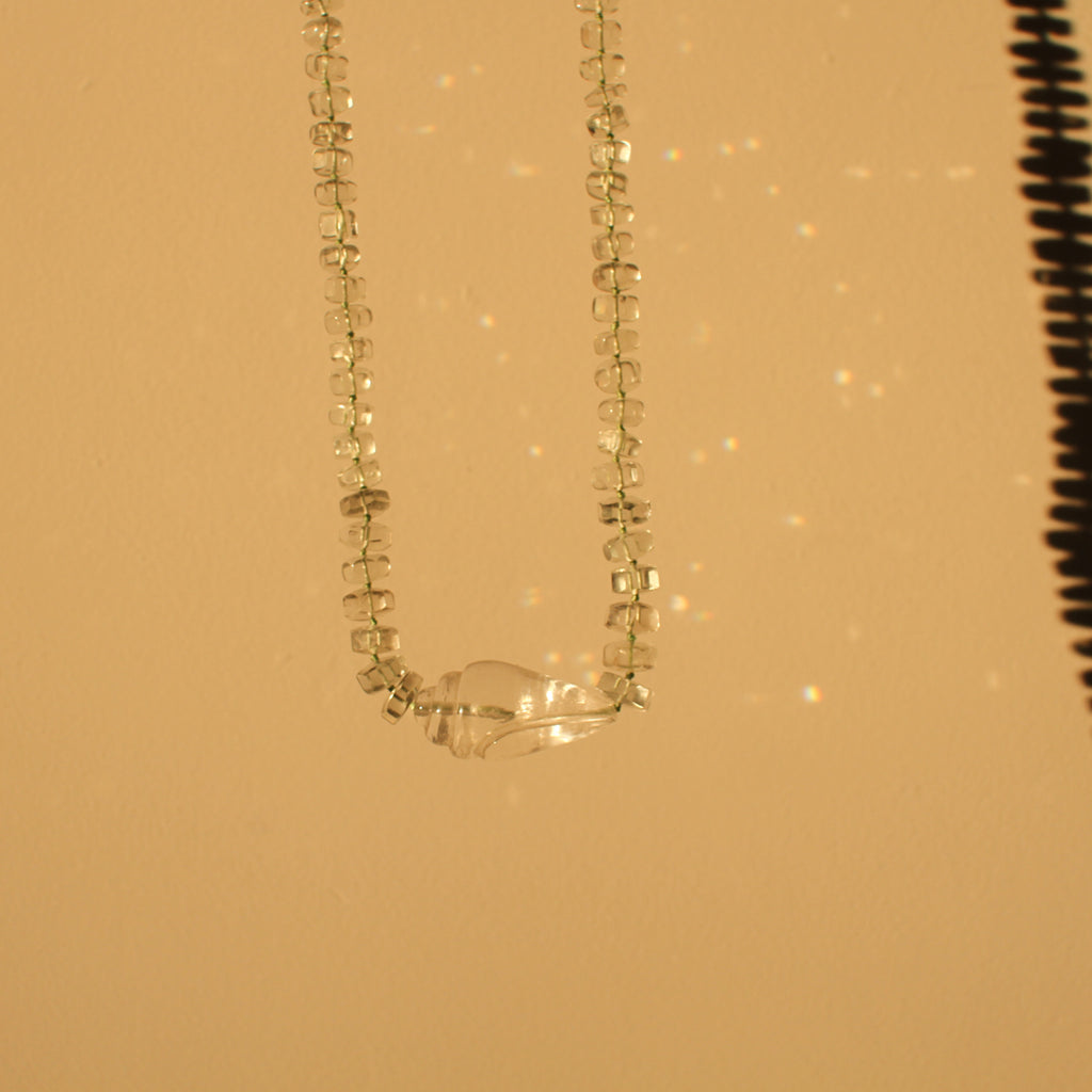 Green Amethyst and  Hand-Carved Rock Crystal Shell Necklace