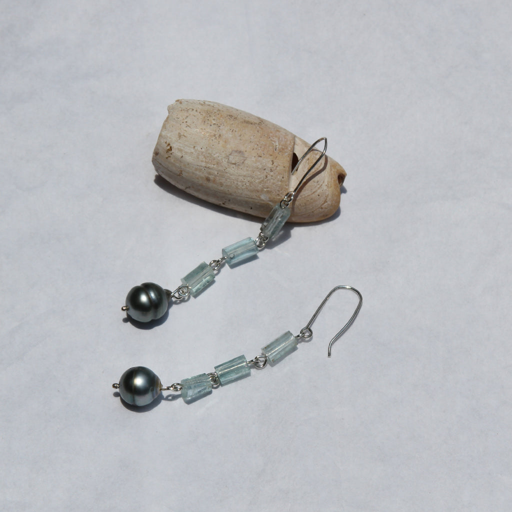 Raw Aquamarine and Keshi Pearl Earrings