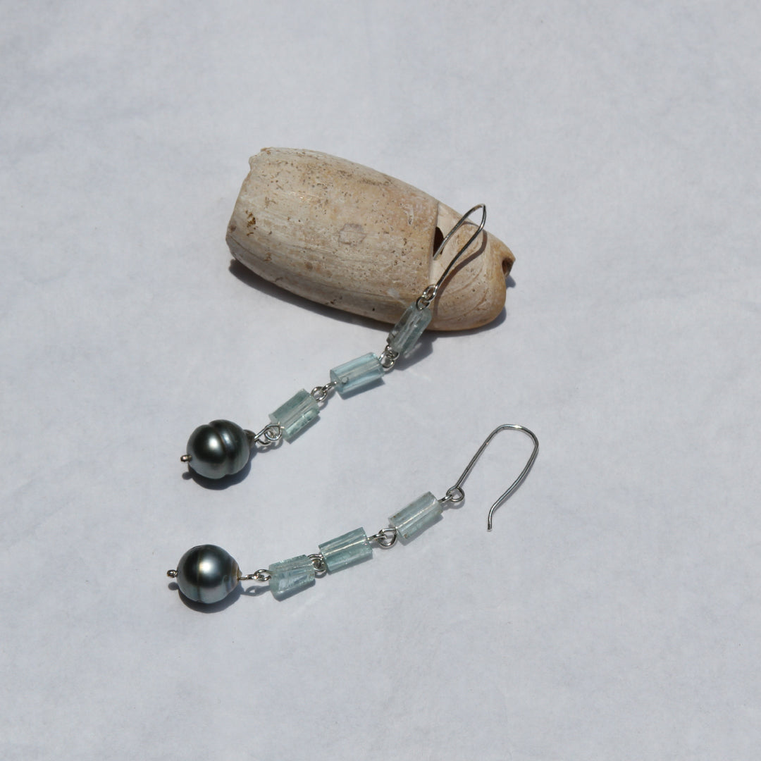 Raw Aquamarine and Keshi Pearl Earrings