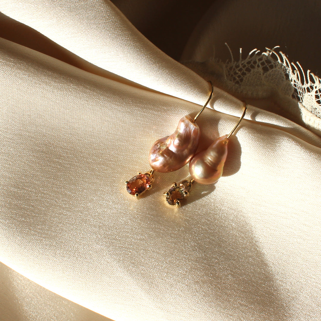 Pink Teardrop Baroque Pearl with Tourmalines Earrings