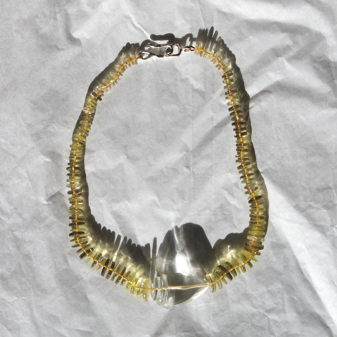 Yellow Quartz and Hand-Carved Rock Crystal Shell Necklace