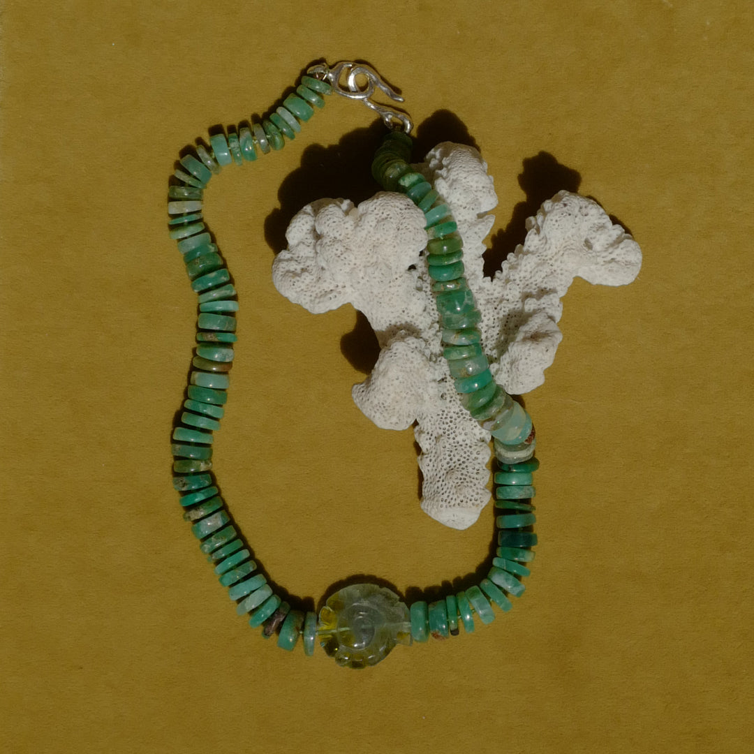 Chrysoprase and Hand-Carved Fluorite Shell Necklace