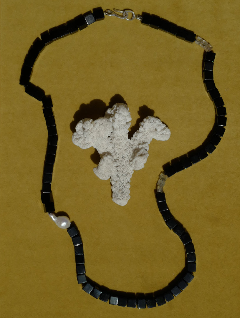 Onyx, Imperial Topaz and Baroque Pearl Necklace