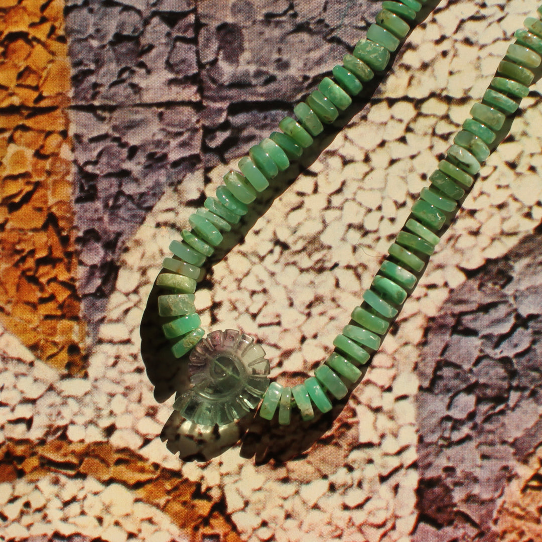 Chrysoprase and Hand-Carved Fluorite Shell Necklace