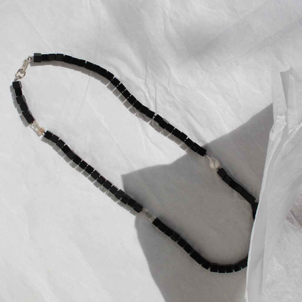 Onyx, Imperial Topaz and Baroque Pearl Necklace