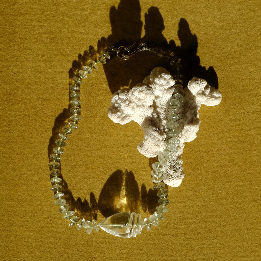 Green Amethyst and  Hand-Carved Rock Crystal Shell Necklace
