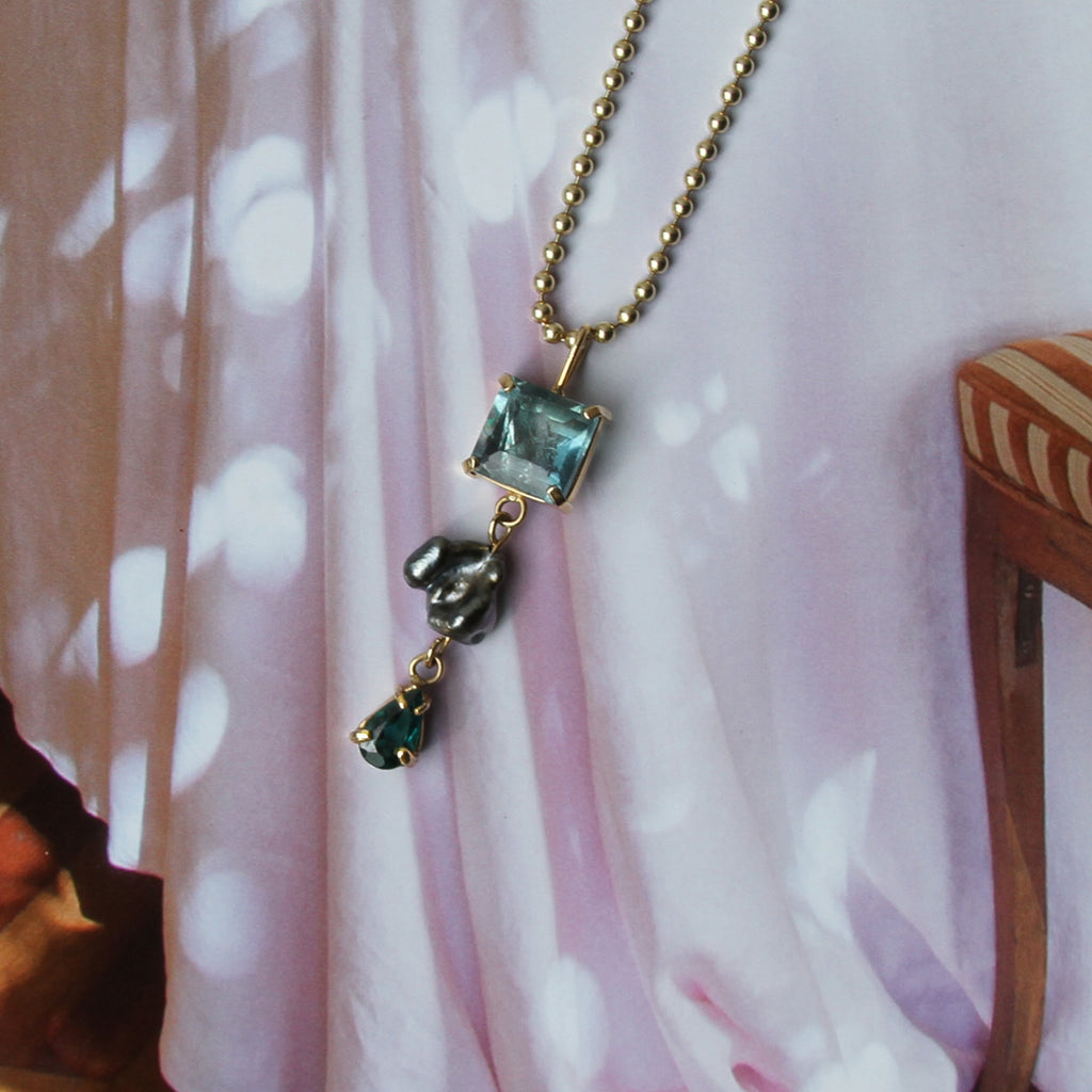 Fluorite, Keshi Pearl and Green Tourmaline Totem Pendant