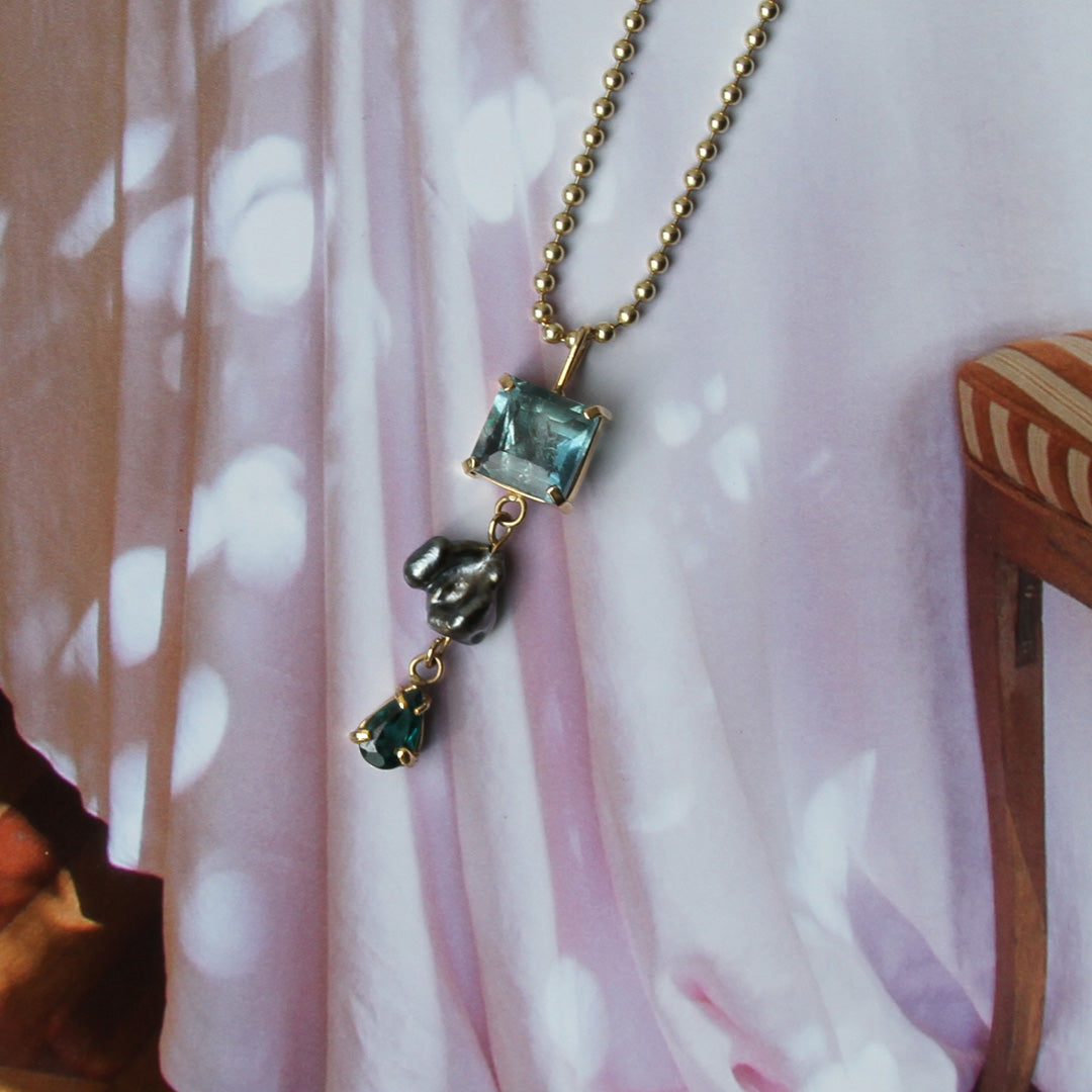 Fluorite, Keshi Pearl and Green Tourmaline Totem Pendant
