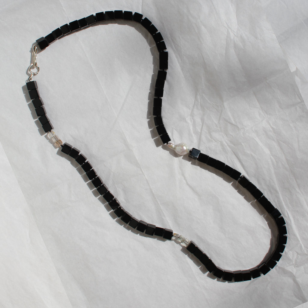 Onyx, Imperial Topaz and Baroque Pearl Necklace