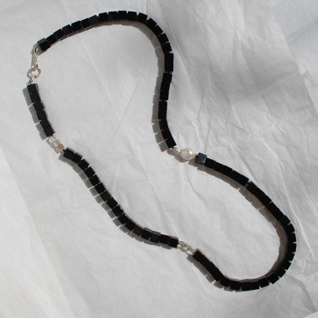 Onyx, Imperial Topaz and Baroque Pearl Necklace