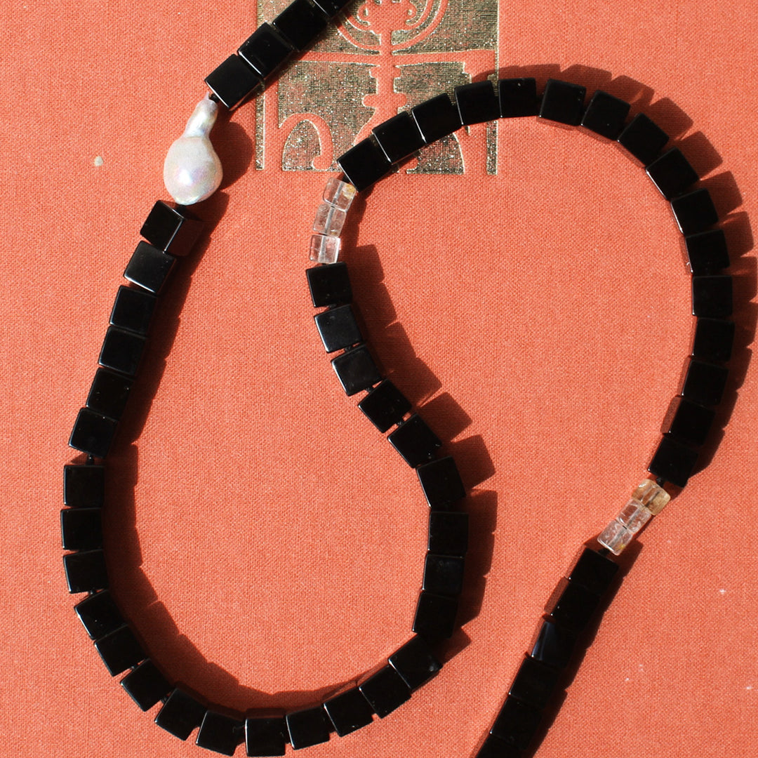 Onyx, Imperial Topaz and Baroque Pearl Necklace