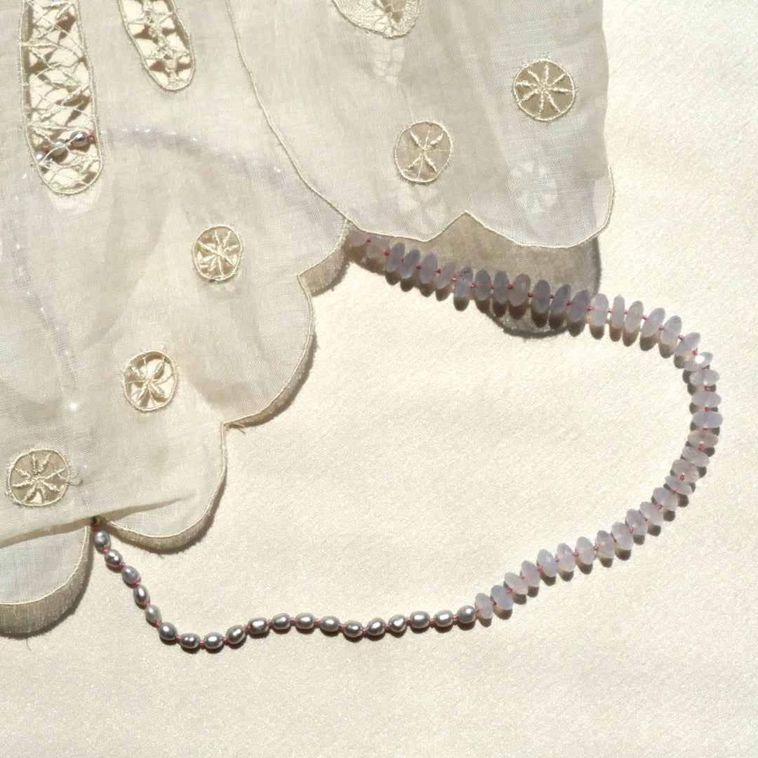 Gray Rice Pearl and Blue Chalcedony Necklace