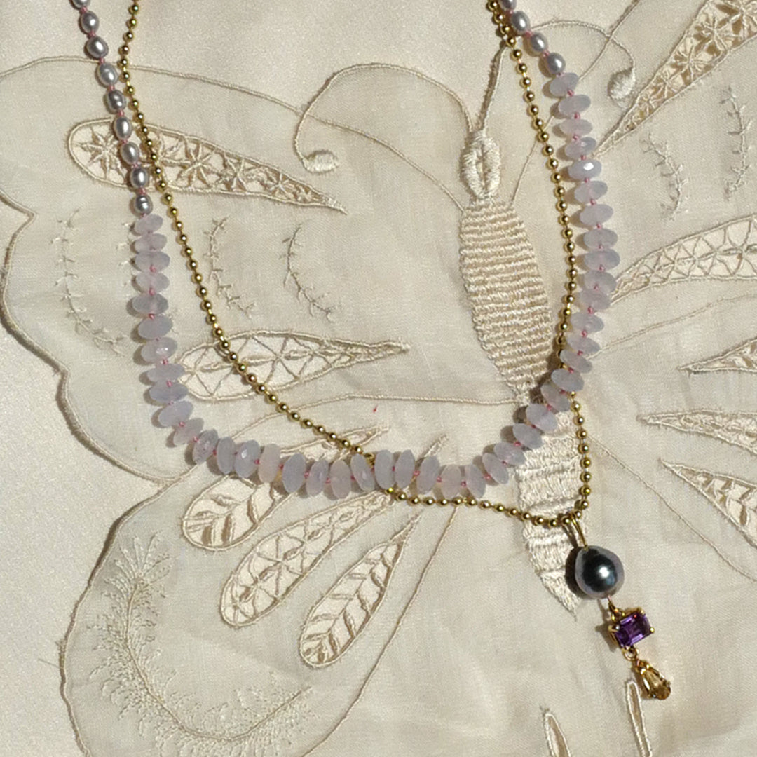Gray Rice Pearl and Blue Chalcedony Necklace