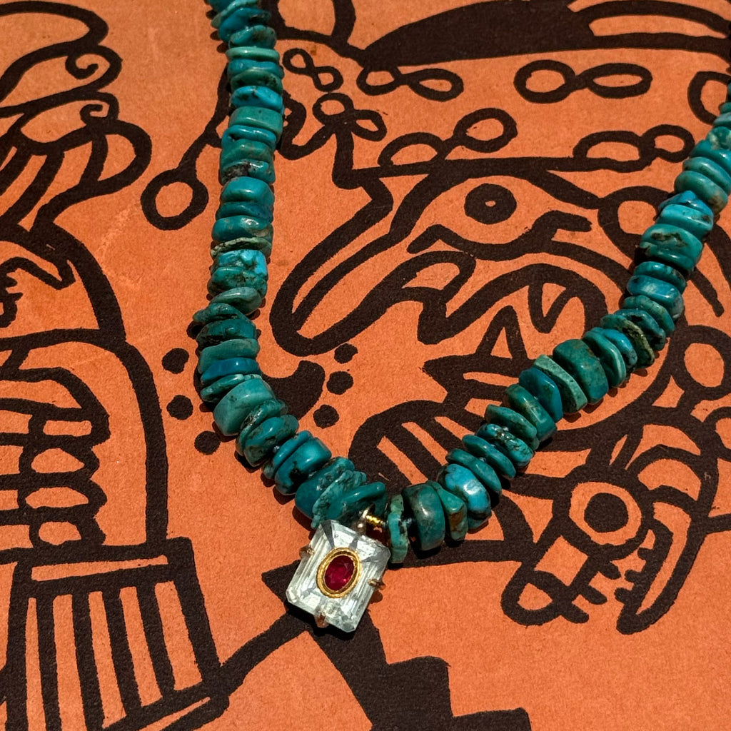 Turquoise, Aquamarine and Ruby Necklace.