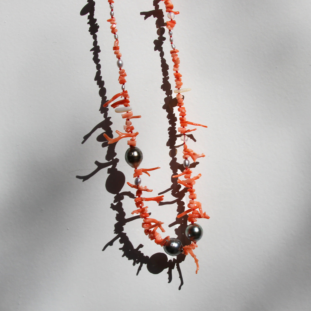 Vintage Angel Skin Coral and Tahitian Pearl Necklace