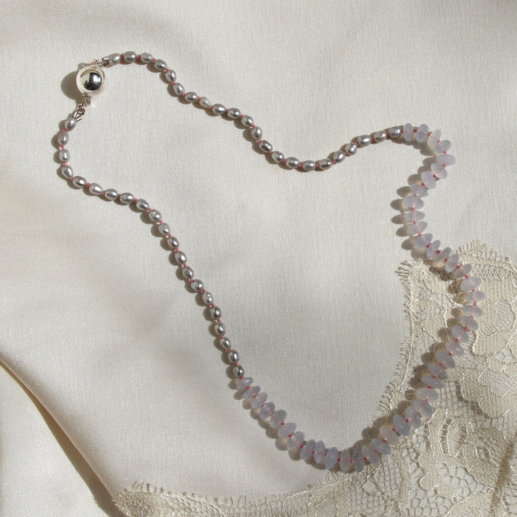 Gray Rice Pearl and Blue Chalcedony Necklace