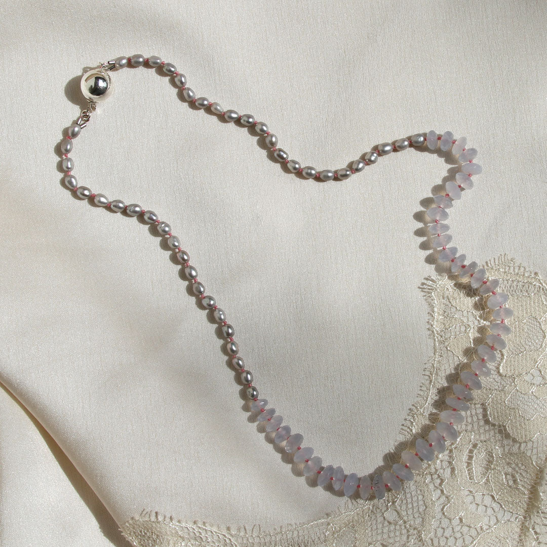 Gray Rice Pearl and Blue Chalcedony Necklace