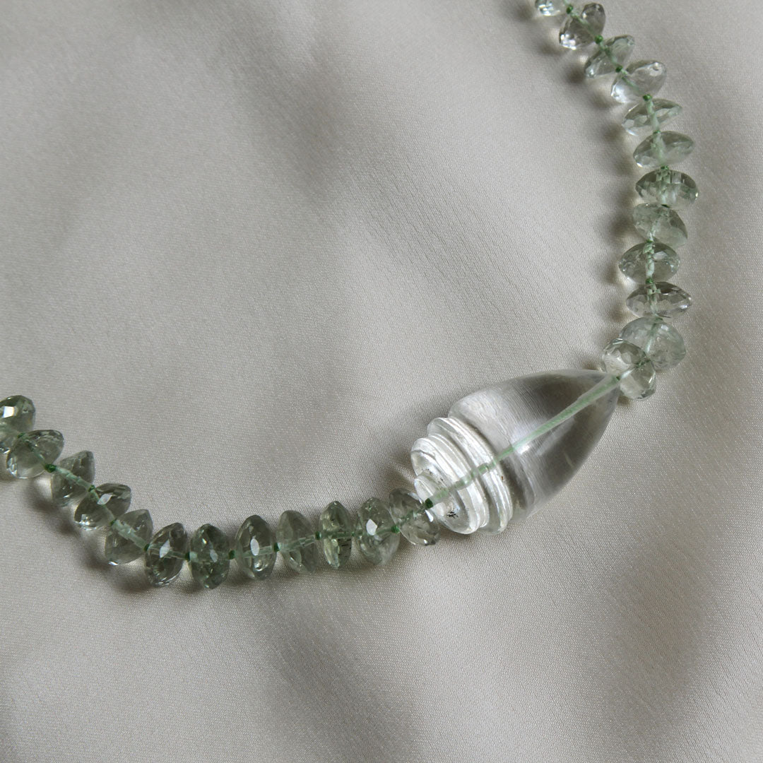 Green Amethyst and  Hand-Carved Rock Crystal Shell Necklace