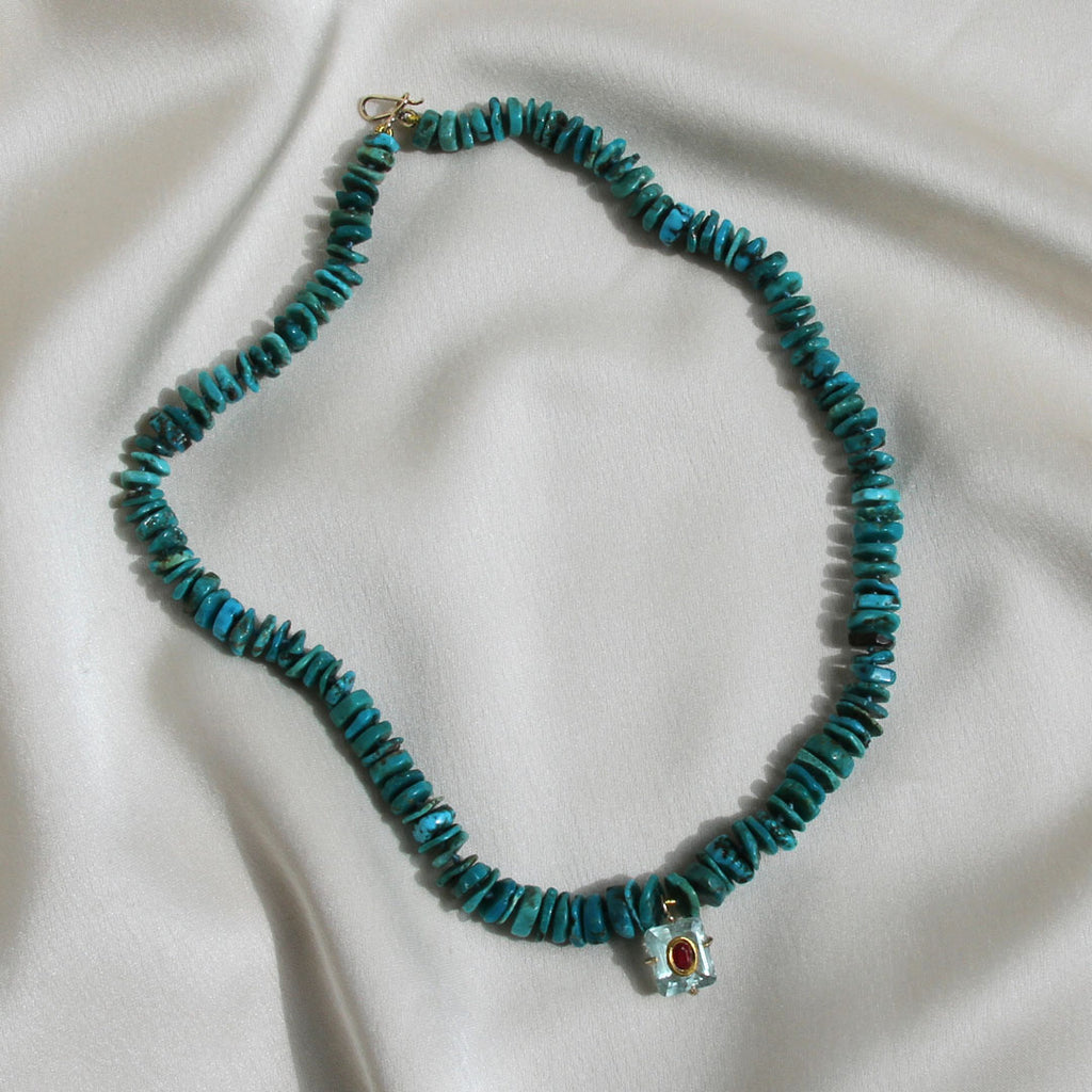 Turquoise, Aquamarine and Ruby Necklace.