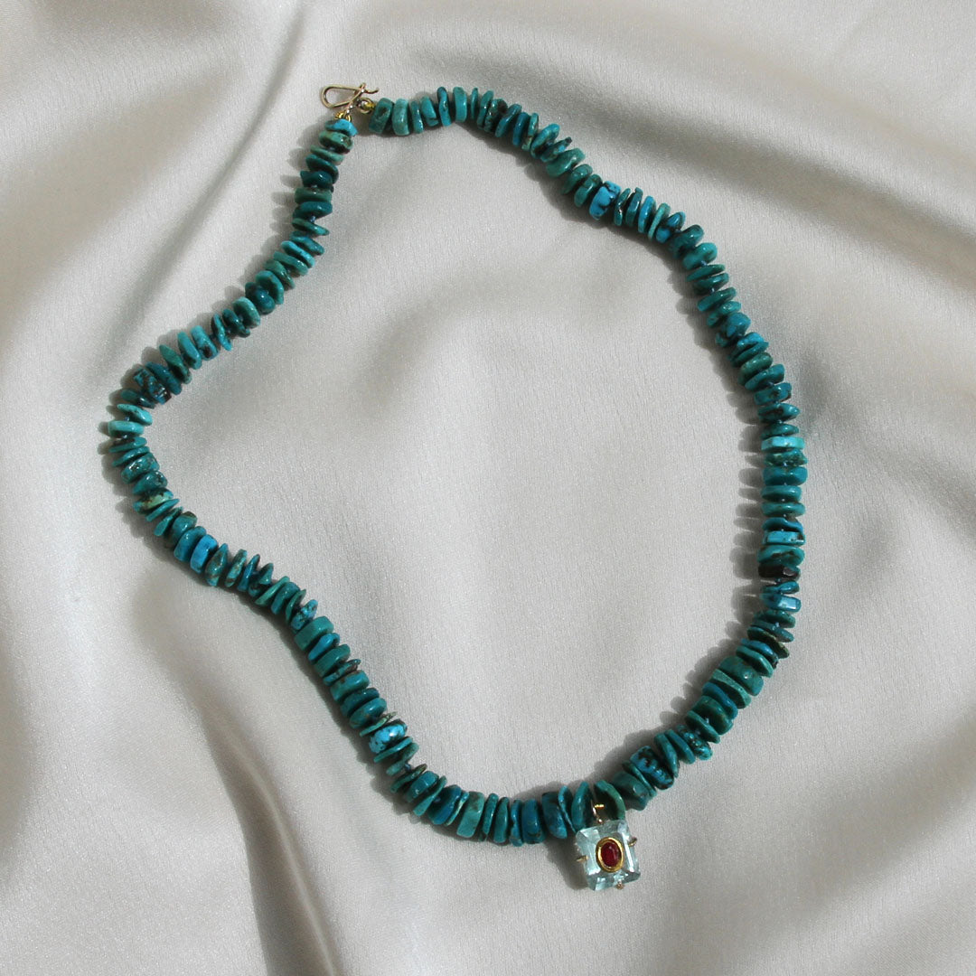 Turquoise, Aquamarine and Ruby Necklace.