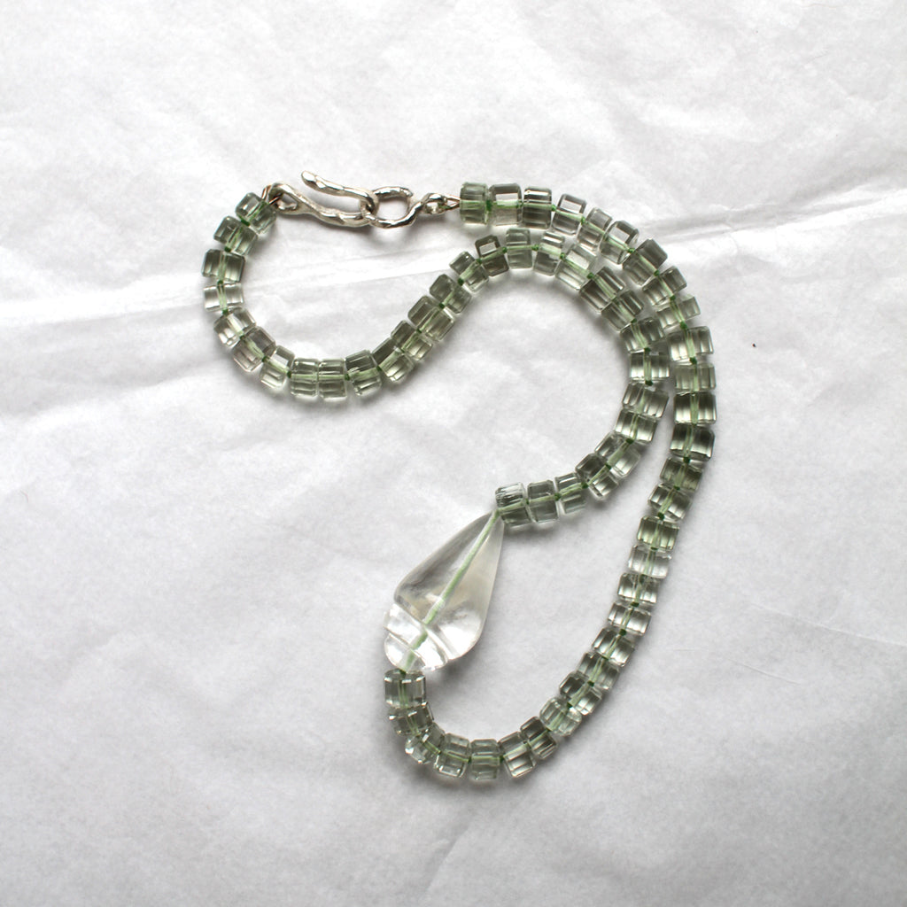Green Amethyst and  Hand-Carved Rock Crystal Shell Necklace