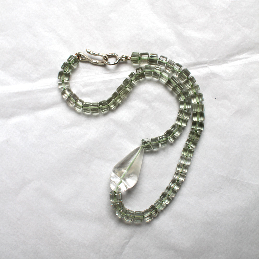 Green Amethyst and  Hand-Carved Rock Crystal Shell Necklace