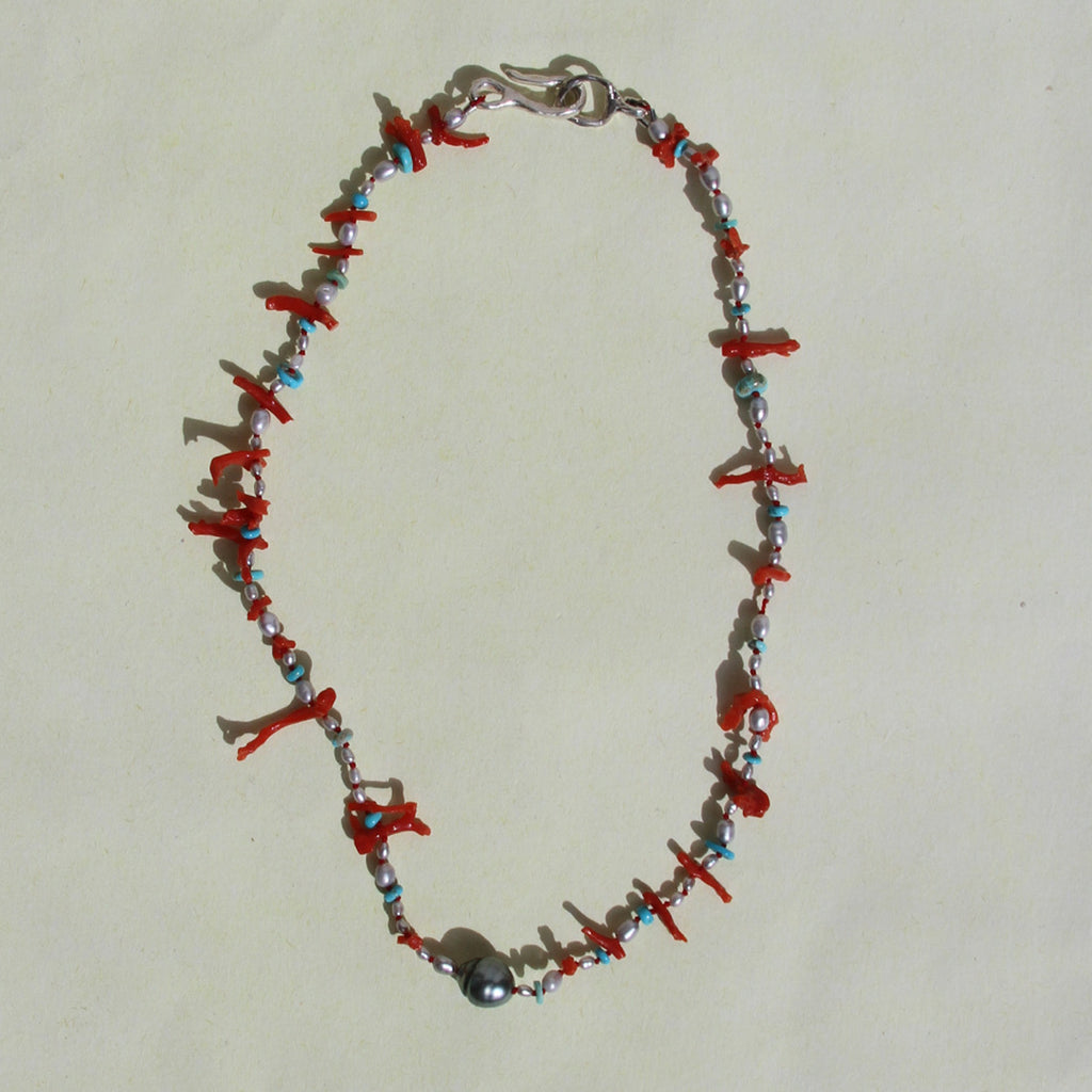 Coral, Turquoise and Tahitian Pearl Necklace