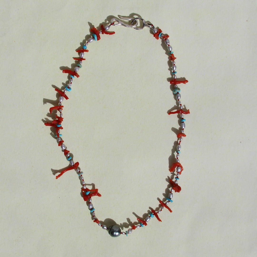 Coral, Turquoise and Tahitian Pearl Necklace