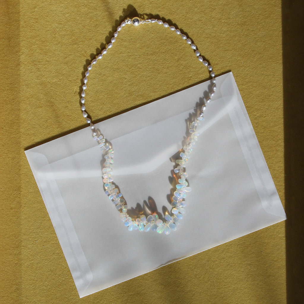 Silver Rice Pearl and Opal Briolette Necklace