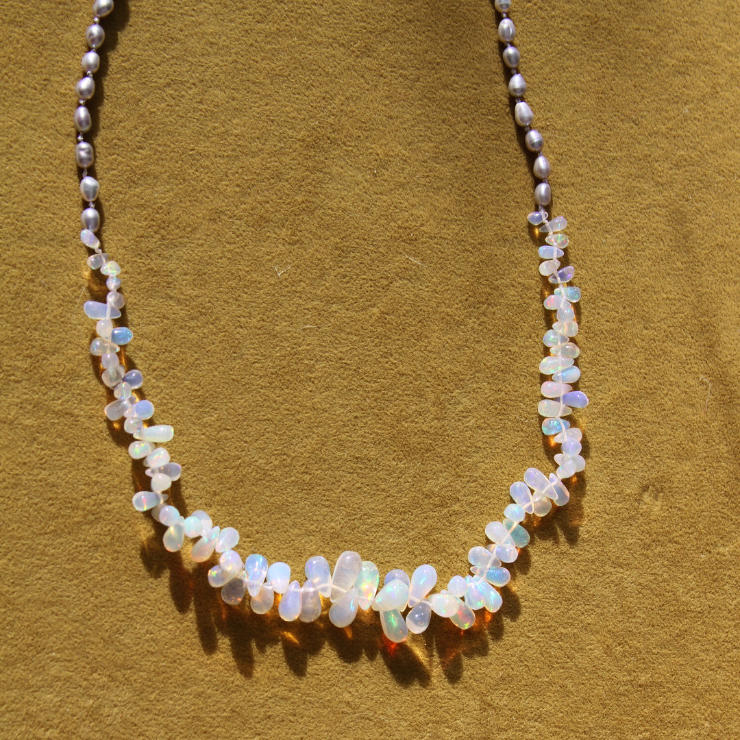 Silver Rice Pearl and Opal Briolette Necklace