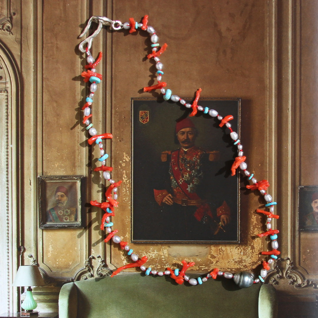 Coral, Turquoise and Tahitian Pearl Necklace